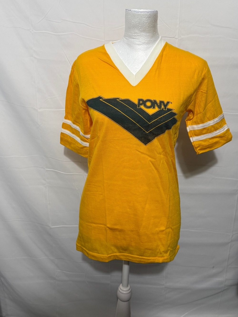 Vintage Yellow PONY Women's V-Neck T-Shirt with Black Logo and White Sleeve Stri